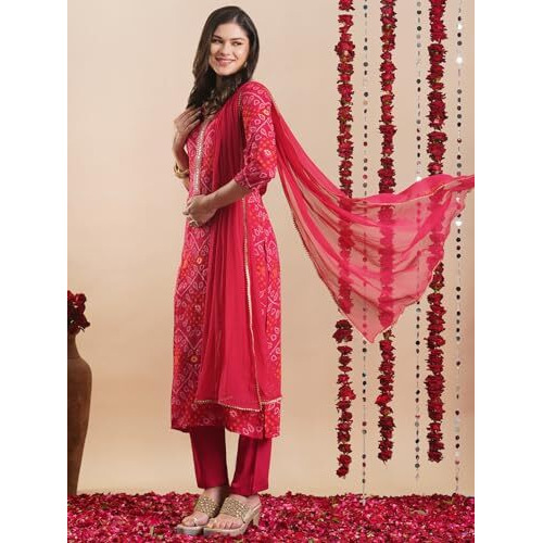ANNI DESIGNER Women's Rayon Blend Straight Bandhej Printed Kurta with Pant & Dupatta (TURAE RANI-VKS04_M_Pink_Medium)