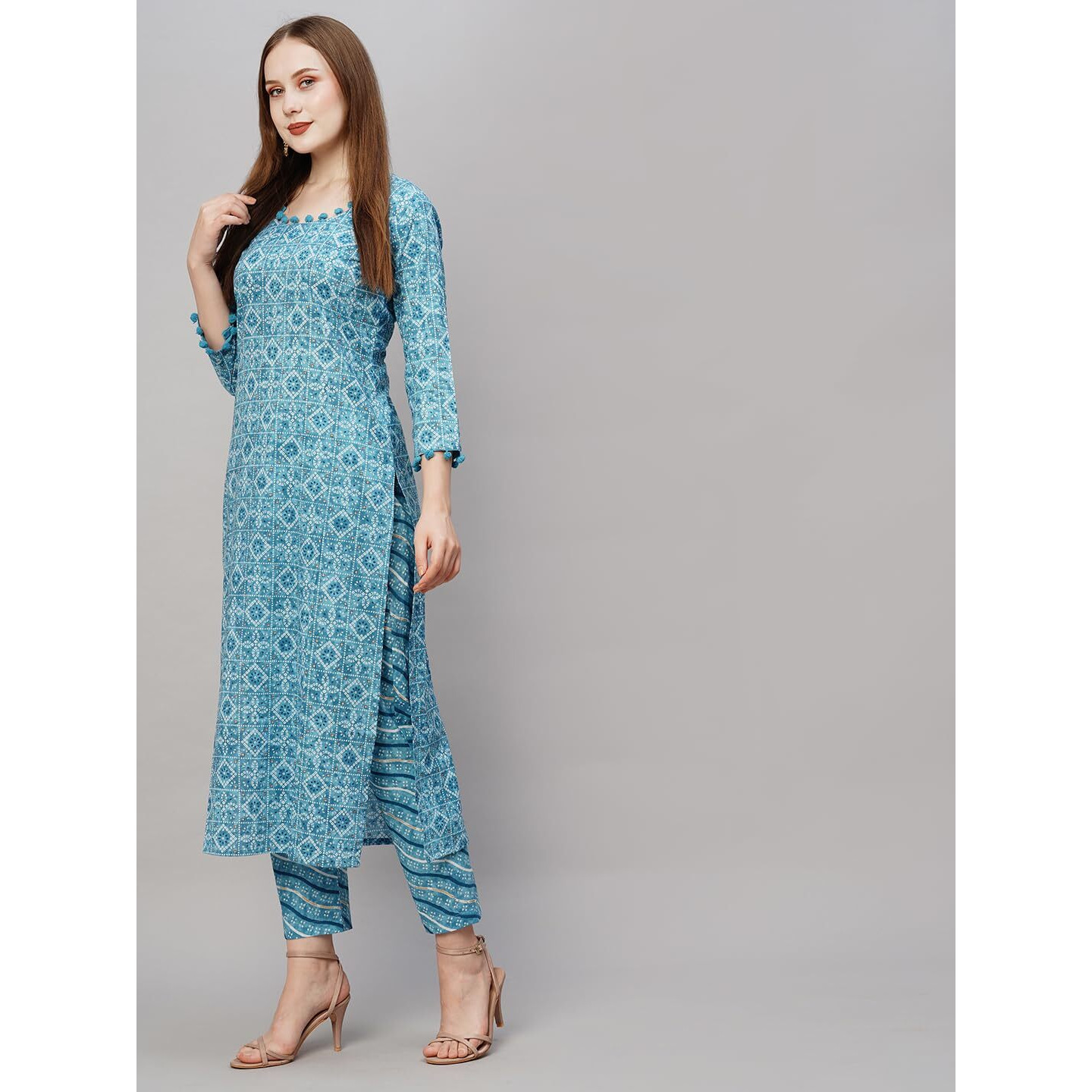 ANNI DESIGNER Women's Cotton Blend Printed Straight Kurta with Pant (Dagi Blue_S_Blue_Small)
