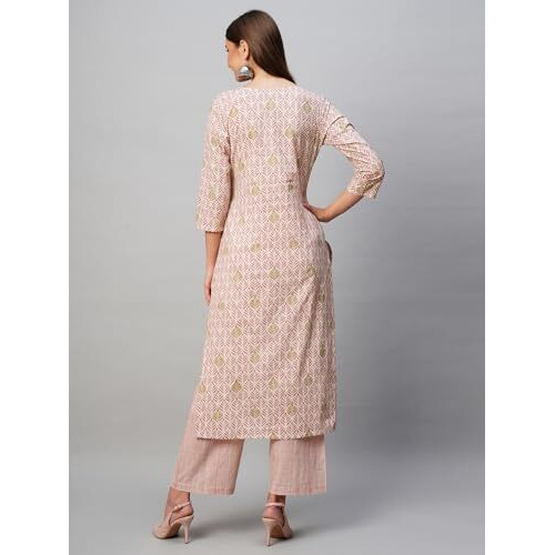 ANNI DESIGNER Women's Cotton Blend Straight Printed Kurta with Pant (PAT 11 Pink_S_Pink_Small)