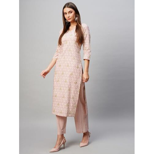 ANNI DESIGNER Women's Cotton Blend Straight Printed Kurta with Pant (PAT 11 Pink_S_Pink_Small)