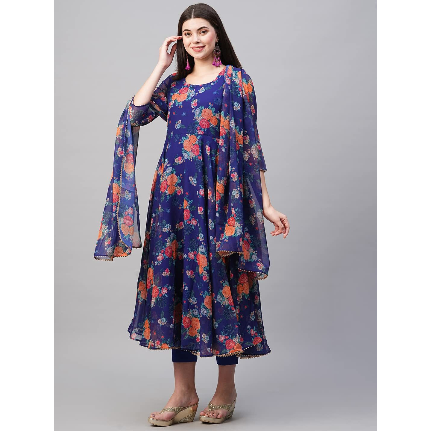 ANNI DESIGNER Women's Georgette Anarkali Printed Kurta with Pant & Dupatta (Atasi Blue-Nw02_S_Blue_Small)