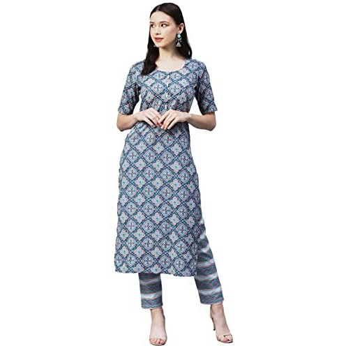 ANNI DESIGNER Women's Cotton Blend Printed Straight Kurta with Pant (VMIK-Grey_XXL_Grey_XX-Large)