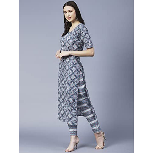 ANNI DESIGNER Women's Cotton Blend Printed Straight Kurta with Pant (VMIK-Grey_XXL_Grey_XX-Large)