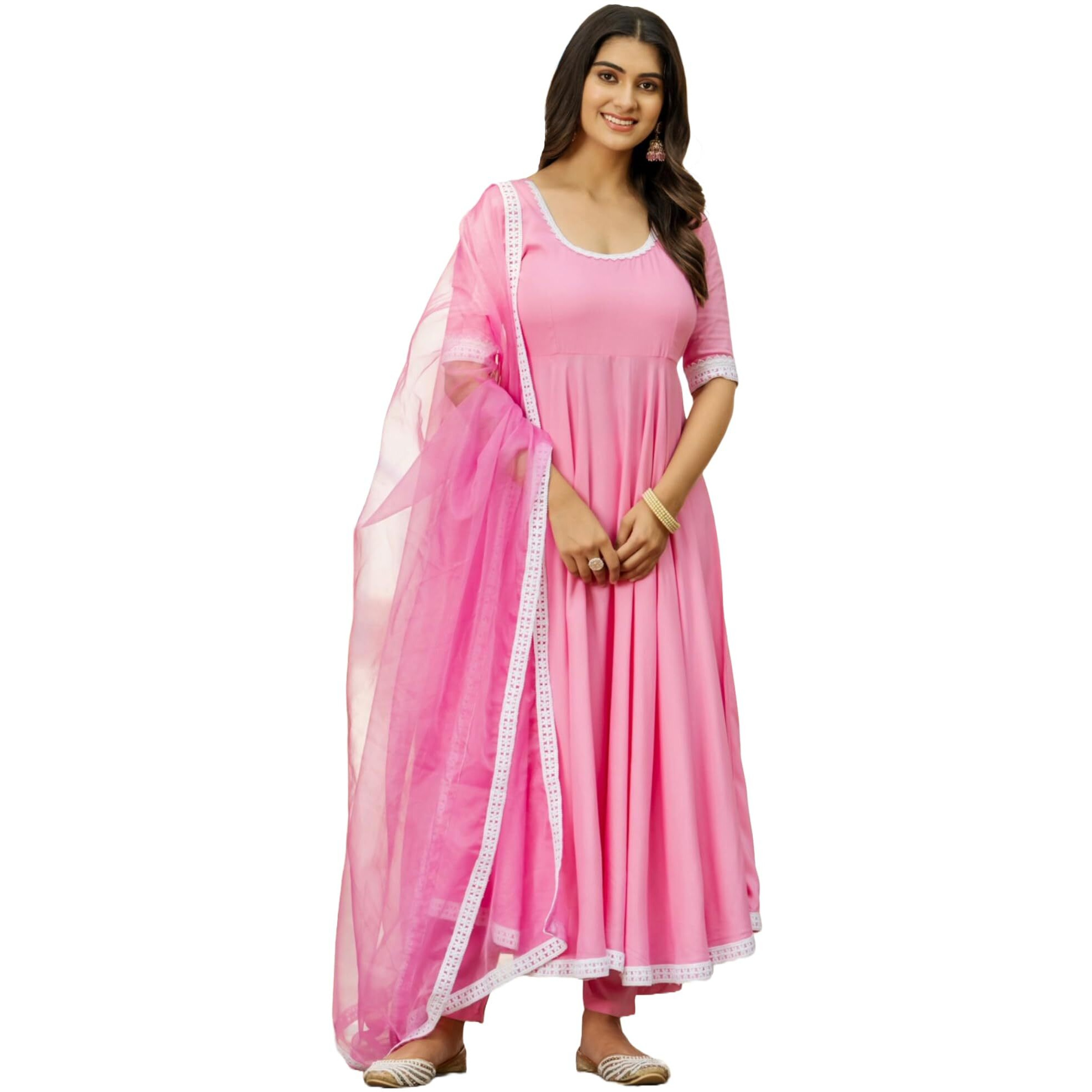 ANNI DESIGNER Women's Rayon Blend Anarkali Solid Kurta with Pant & Dupatta (TIESTA Baby Pink_S_Baby Pink_Small)