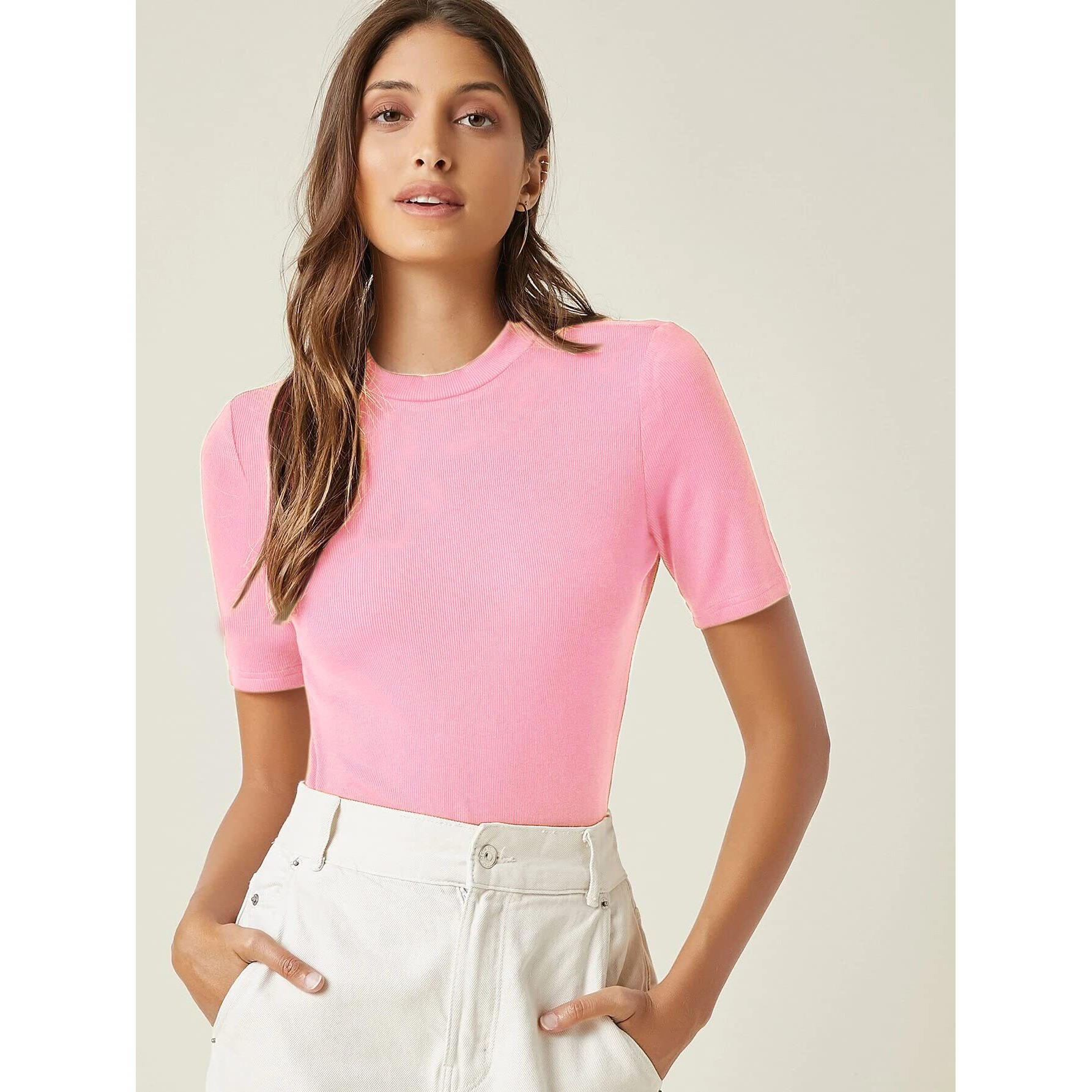 ANNI DESIGNER Women's Cotton Belnd Lycra Ribbed Solid Half Sleeve Round Neck Top (NTPR-Baby Pink_L_Baby Pink_Large)