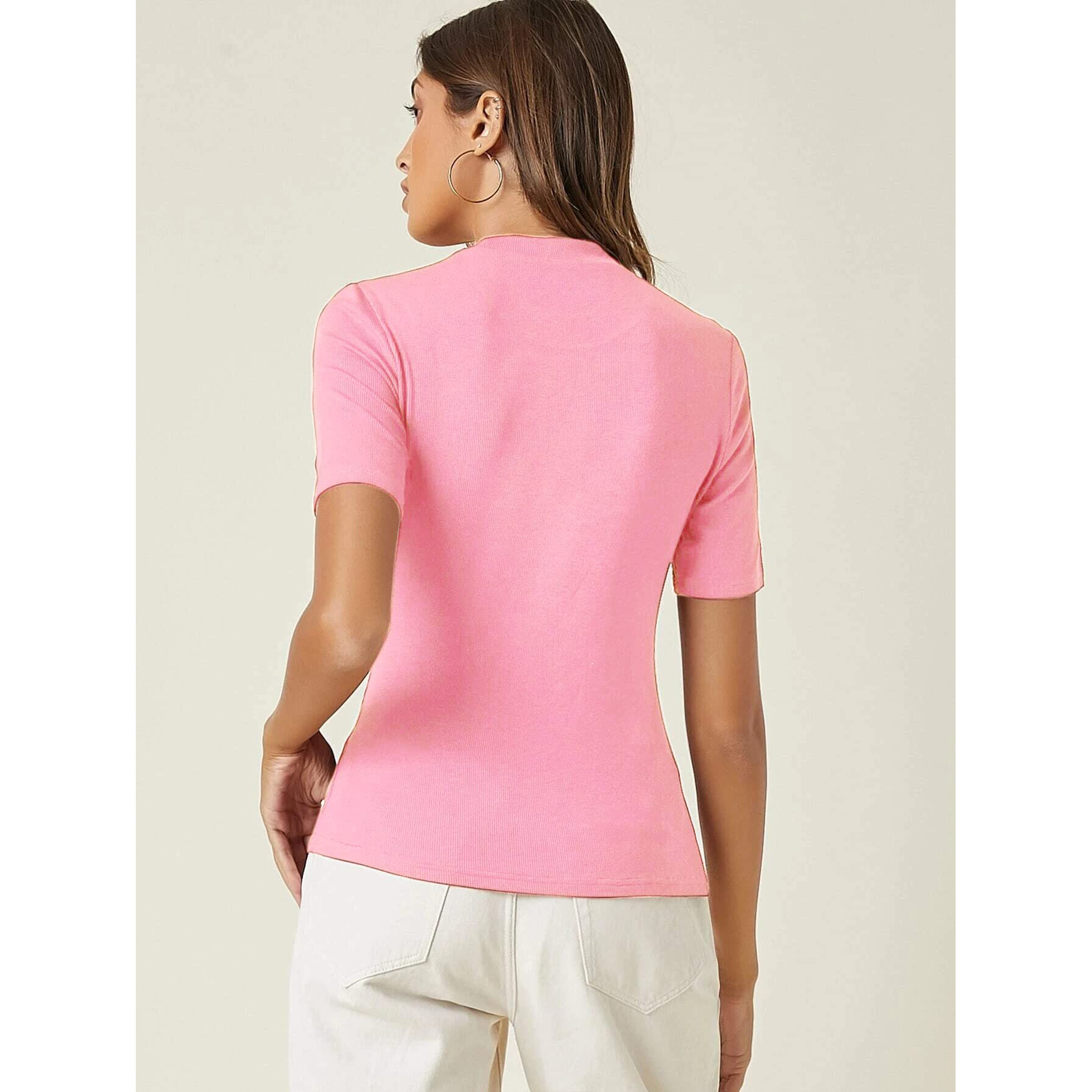 ANNI DESIGNER Women's Cotton Belnd Lycra Ribbed Solid Half Sleeve Round Neck Top (NTPR-Baby Pink_L_Baby Pink_Large)