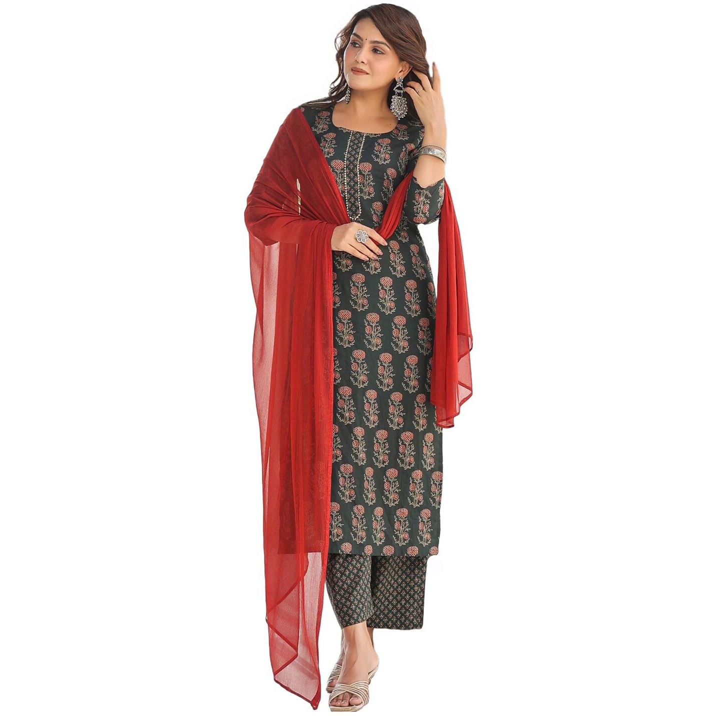 ANNI DESIGNER Women's Cotton Blend Printed Straight Kurta with Pant & Dupatta (Dini Green_XXL_Green_XX-Large)