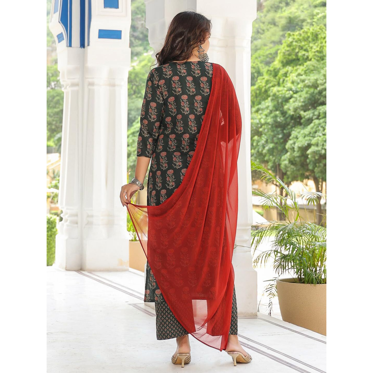 ANNI DESIGNER Women's Cotton Blend Printed Straight Kurta with Pant & Dupatta (Dini Green_XXL_Green_XX-Large)