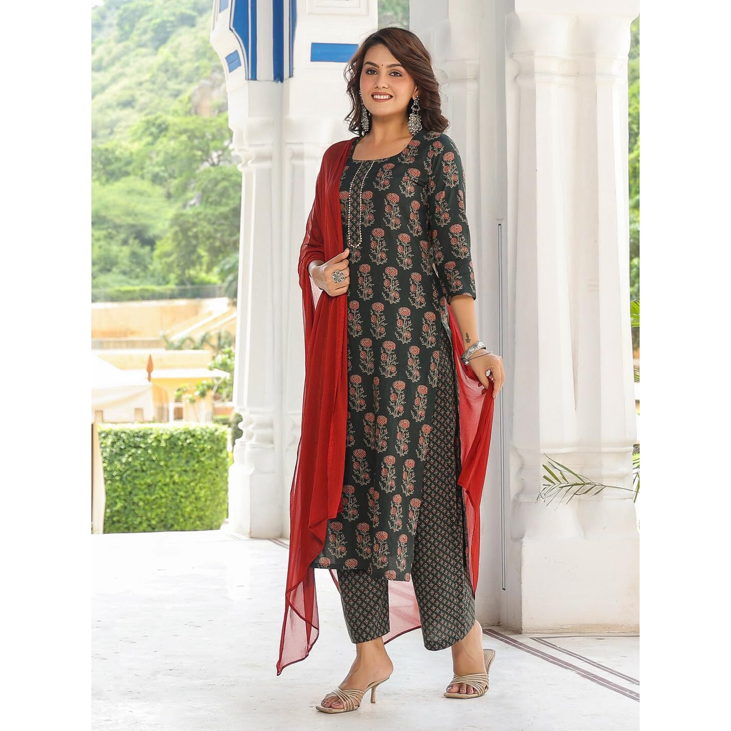 ANNI DESIGNER Women's Cotton Blend Printed Straight Kurta with Pant & Dupatta (Dini Green_XXL_Green_XX-Large)