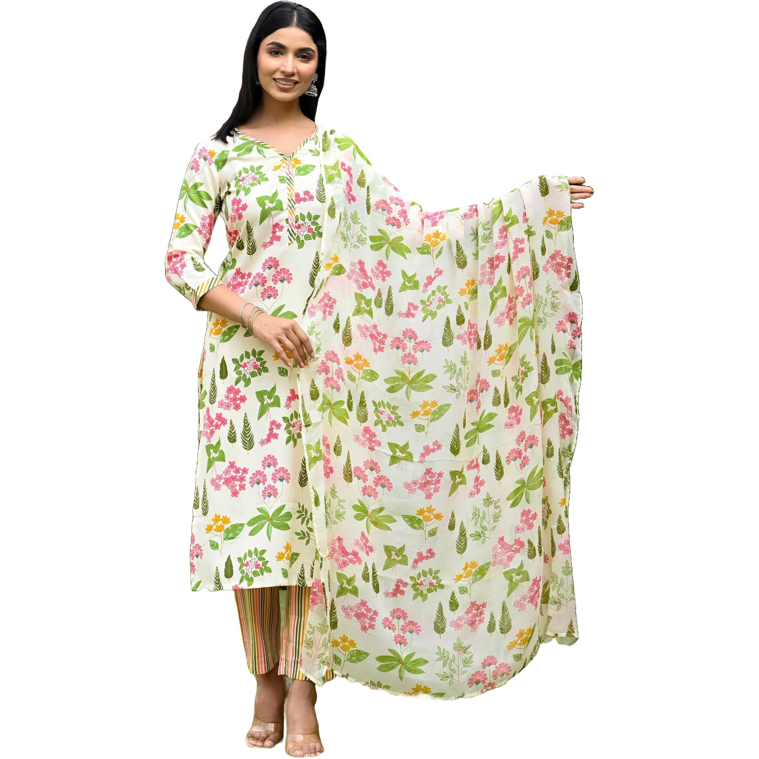 ANNI DESIGNER Women's Rayon Blend Straight Printed Kurta with Pant & Dupatta (Kumud Cream-VKS03_M_Cream_Medium)