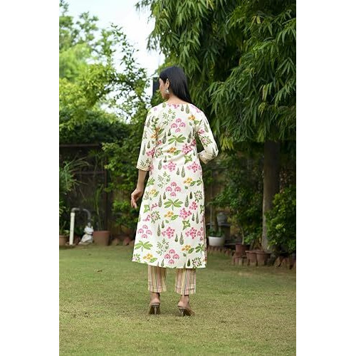 ANNI DESIGNER Women's Rayon Blend Straight Printed Kurta with Pant & Dupatta (Kumud Cream-VKS03_M_Cream_Medium)