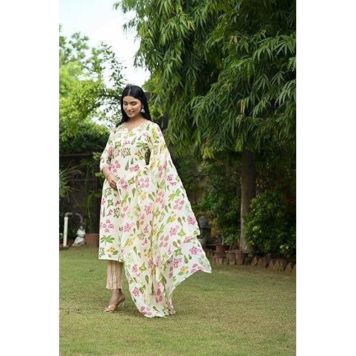 ANNI DESIGNER Women's Rayon Blend Straight Printed Kurta with Pant & Dupatta (Kumud Cream-VKS03_M_Cream_Medium)