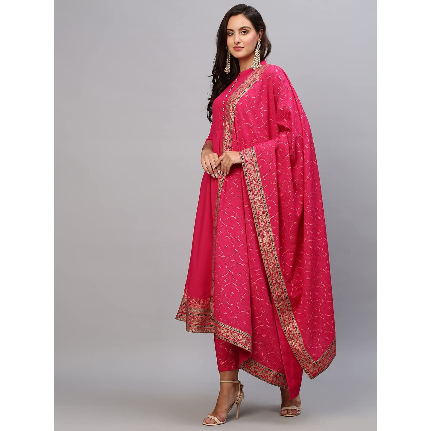 ANNI DESIGNER Women's Cotton Blend Solid Anarkali Kurta with Pant & Dupatta (Panchali-Rani_5XL_Pink_XXXXX-Large)