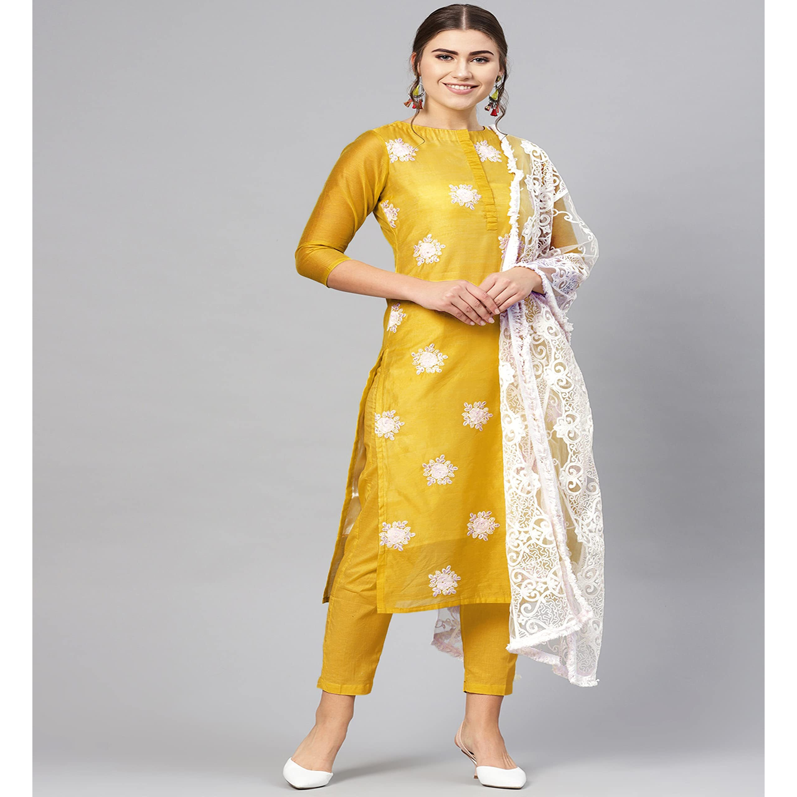 ANNI DESIGNER Women's Ruby Cotton Straight Embroidery Kurti with Pant & Dupatta Set (White-Show Multicolor_XL Multicolor_X-Large)