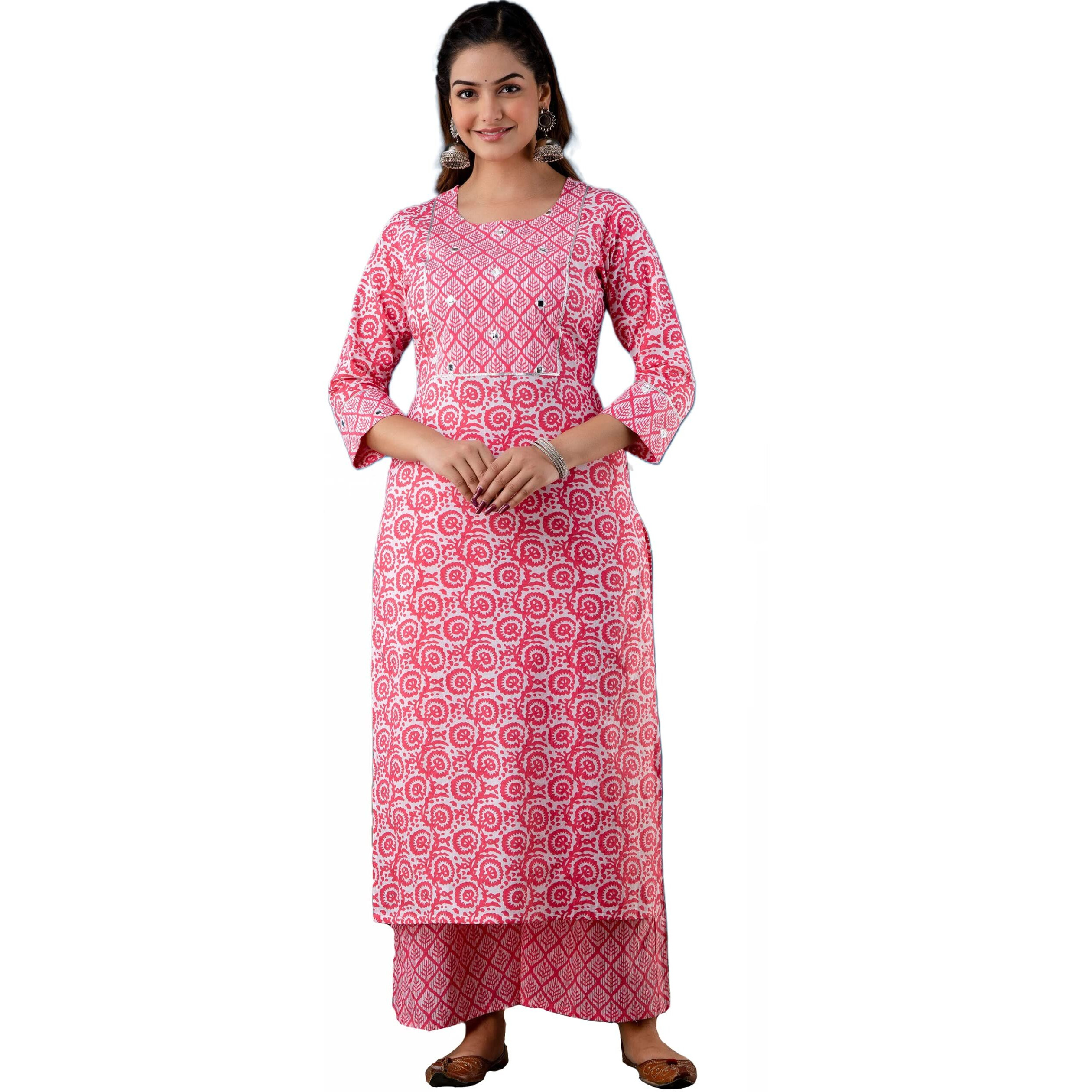 ANNI DESIGNER Women's Cotton Blend Traditional Straight Printed Kurta and Palazzo Set (Valab Pink NW_S_Pink_Small)