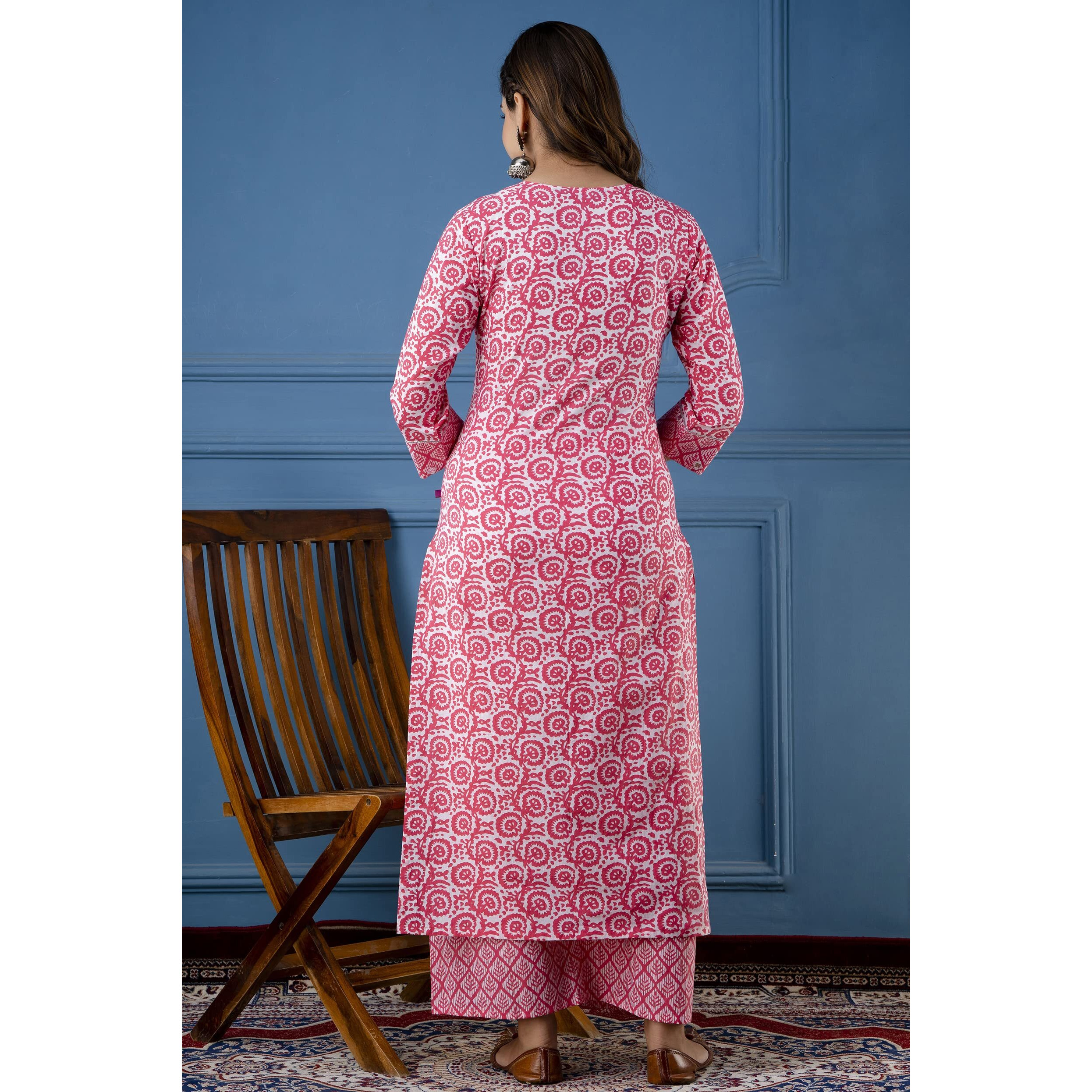 ANNI DESIGNER Women's Cotton Blend Traditional Straight Printed Kurta and Palazzo Set (Valab Pink NW_S_Pink_Small)