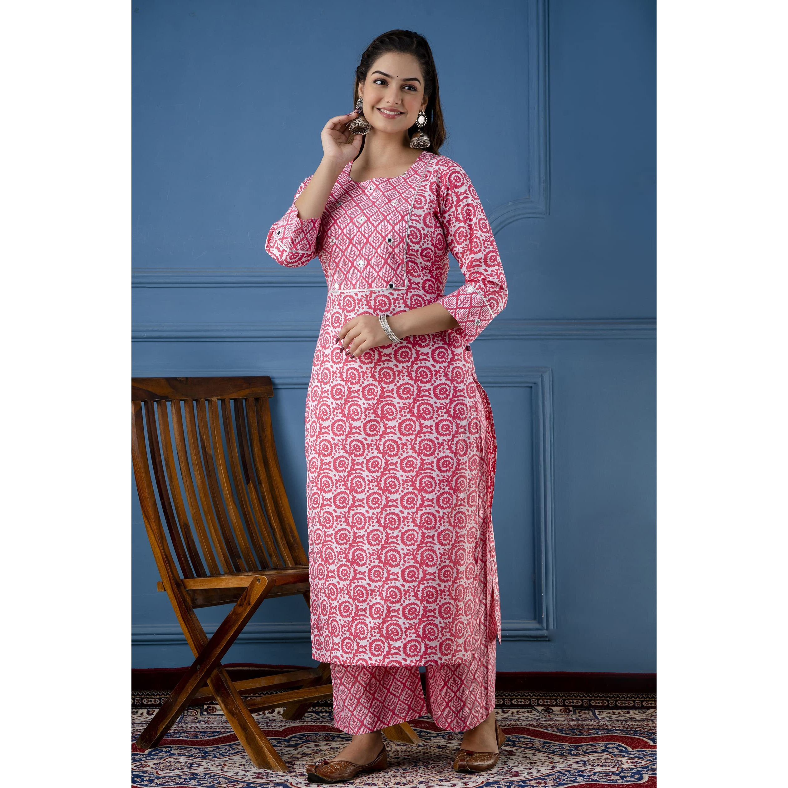 ANNI DESIGNER Women's Cotton Blend Traditional Straight Printed Kurta and Palazzo Set (Valab Pink NW_S_Pink_Small)