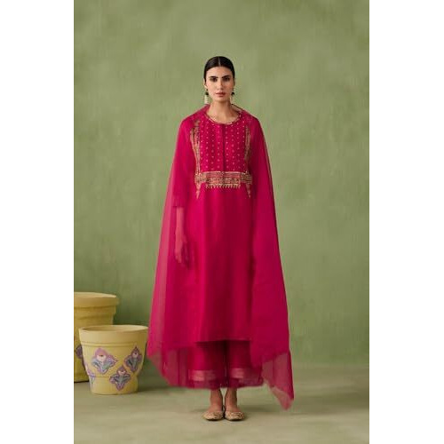 ANNI DESIGNER Women's Rayon Blend Embroidered Straight Kurta with Pant & Dupatta (Pipariya Pink_XXL_Pink_XX-Large)