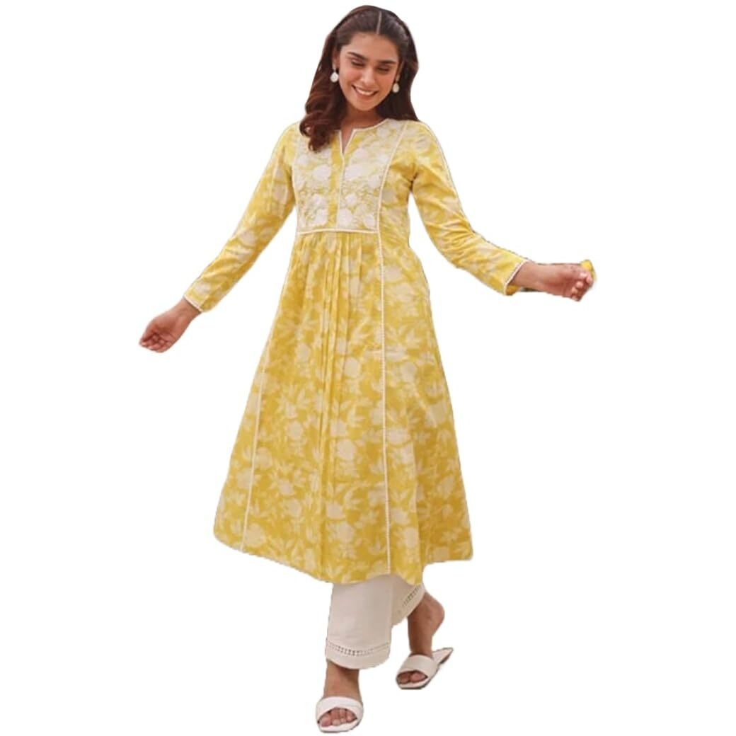 ANNI DESIGNER Women's Rayon Blend Anarkali Embroidered Kurta (RUPINI Yellow_L_Yellow_Large)