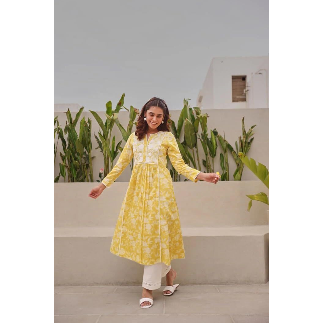ANNI DESIGNER Women's Rayon Blend Anarkali Embroidered Kurta (RUPINI Yellow_L_Yellow_Large)