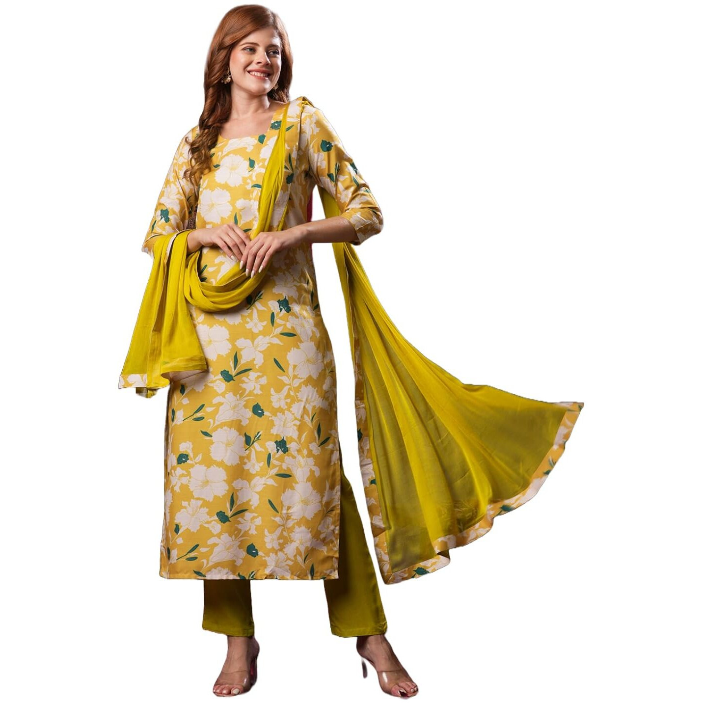 ANNI DESIGNER Women's Cotton Blend Straight Printed Kurta with Pant & Dupatta (KURU Yellow_L_Yellow_Large)