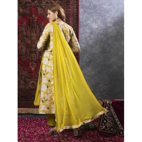 ANNI DESIGNER Women's Cotton Blend Straight Printed Kurta with Pant & Dupatta (KURU Yellow_L_Yellow_Large)