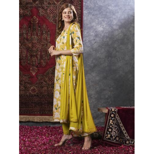 ANNI DESIGNER Women's Cotton Blend Straight Printed Kurta with Pant & Dupatta (KURU Yellow_L_Yellow_Large)