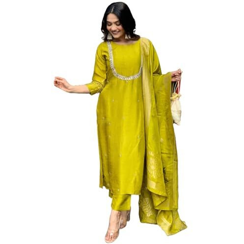 ANNI DESIGNER Women's Silk Blend Straight Embroidered Kurta with Pant & Dupatta (Deluxe Green_XL_Green_X-Large)