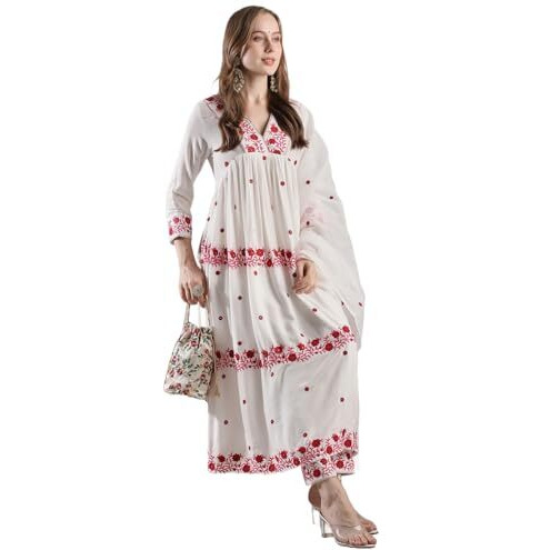 ANNI DESIGNER Women's Rayon Blend Anarkali Embroidered Kurta with Pant & Dupatta (RAASHI CREAM-VKS02_L_Cream_Large)