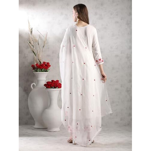 ANNI DESIGNER Women's Rayon Blend Anarkali Embroidered Kurta with Pant & Dupatta (RAASHI CREAM-VKS02_L_Cream_Large)