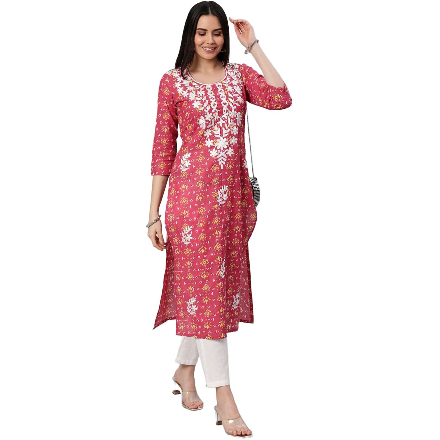 ANNI DESIGNER Women's Cotton Blend Printed Straight Chikankari Embroidered Kurta (Toshi Pink_S_Pink_Small)