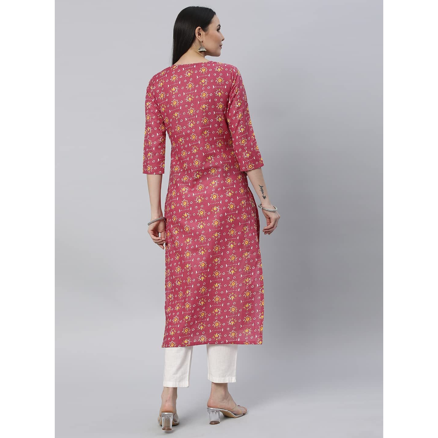 ANNI DESIGNER Women's Cotton Blend Printed Straight Chikankari Embroidered Kurta (Toshi Pink_S_Pink_Small)