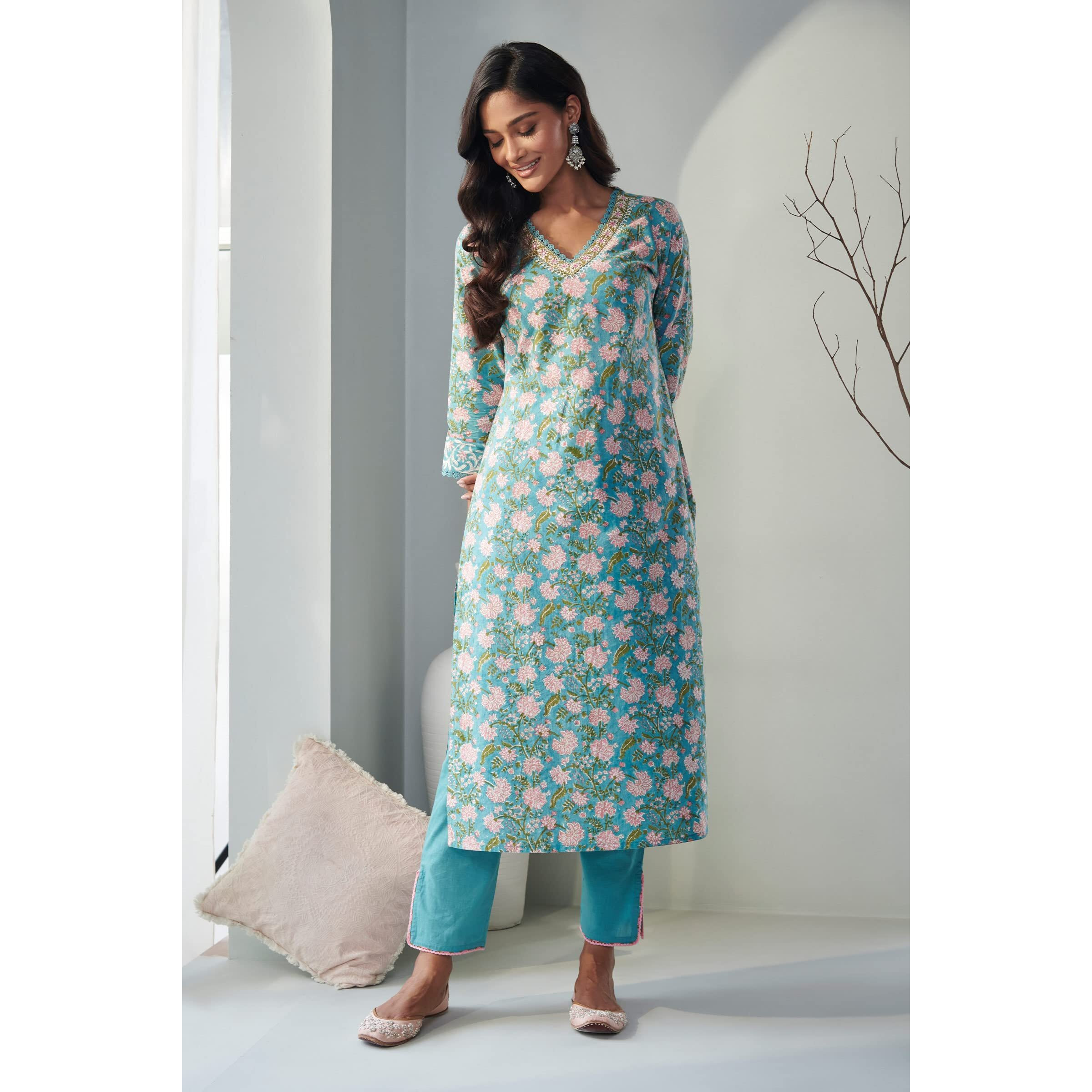 ANNI DESIGNER Women's Cotton Blend Straight Printed Kurta with Pant & Dupatta (Made Green_XXL_XX-Large_Green)