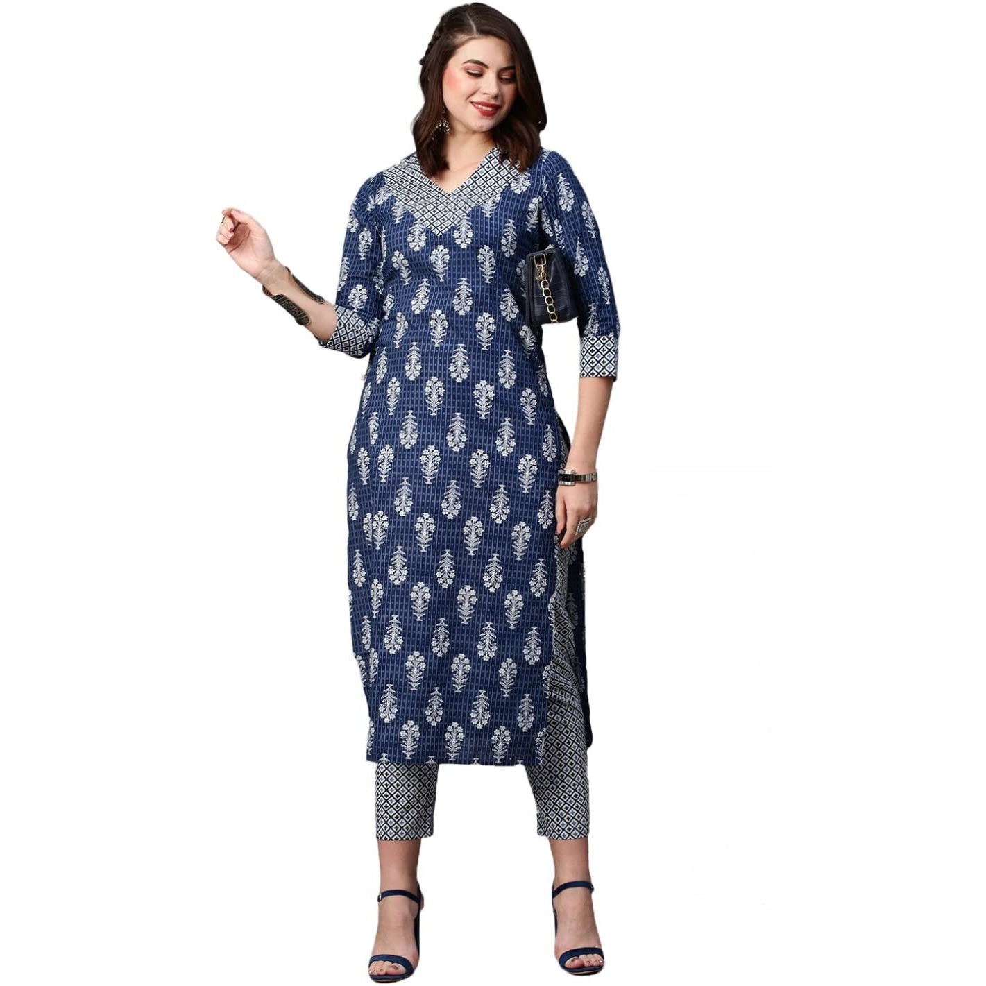 ANNI DESIGNER Women's Cotton Blend Traditional Straight Printed Kurta and Pant Set (Shekhra Blue_XXL_Blue_XX-Large)
