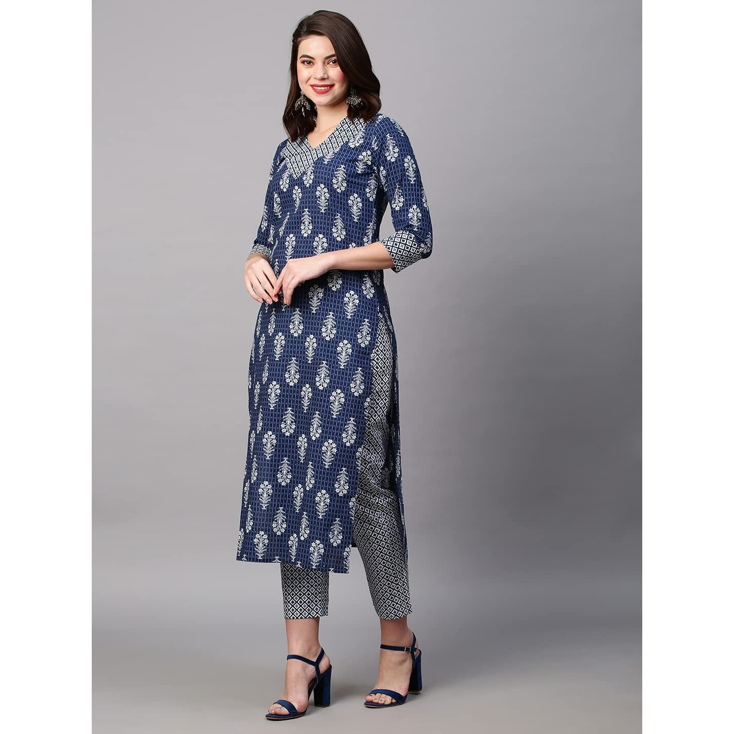 ANNI DESIGNER Women's Cotton Blend Traditional Straight Printed Kurta and Pant Set (Shekhra Blue_XXL_Blue_XX-Large)