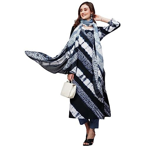 ANNI DESIGNER Women's Cotton Blend Straight Printed Kurta with Pant & Dupatta (Sana Blue_S_Blue_Small)