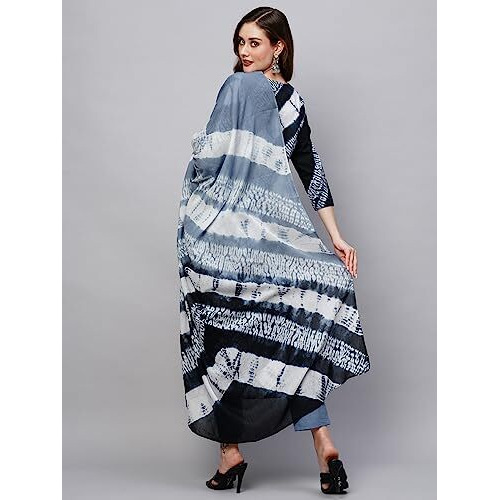 ANNI DESIGNER Women's Cotton Blend Straight Printed Kurta with Pant & Dupatta (Sana Blue_S_Blue_Small)