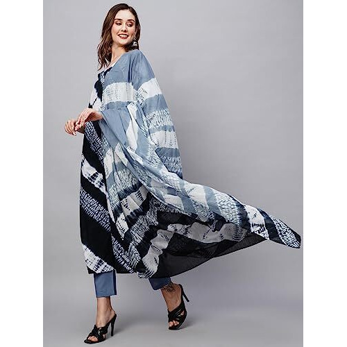 ANNI DESIGNER Women's Cotton Blend Straight Printed Kurta with Pant & Dupatta (Sana Blue_S_Blue_Small)