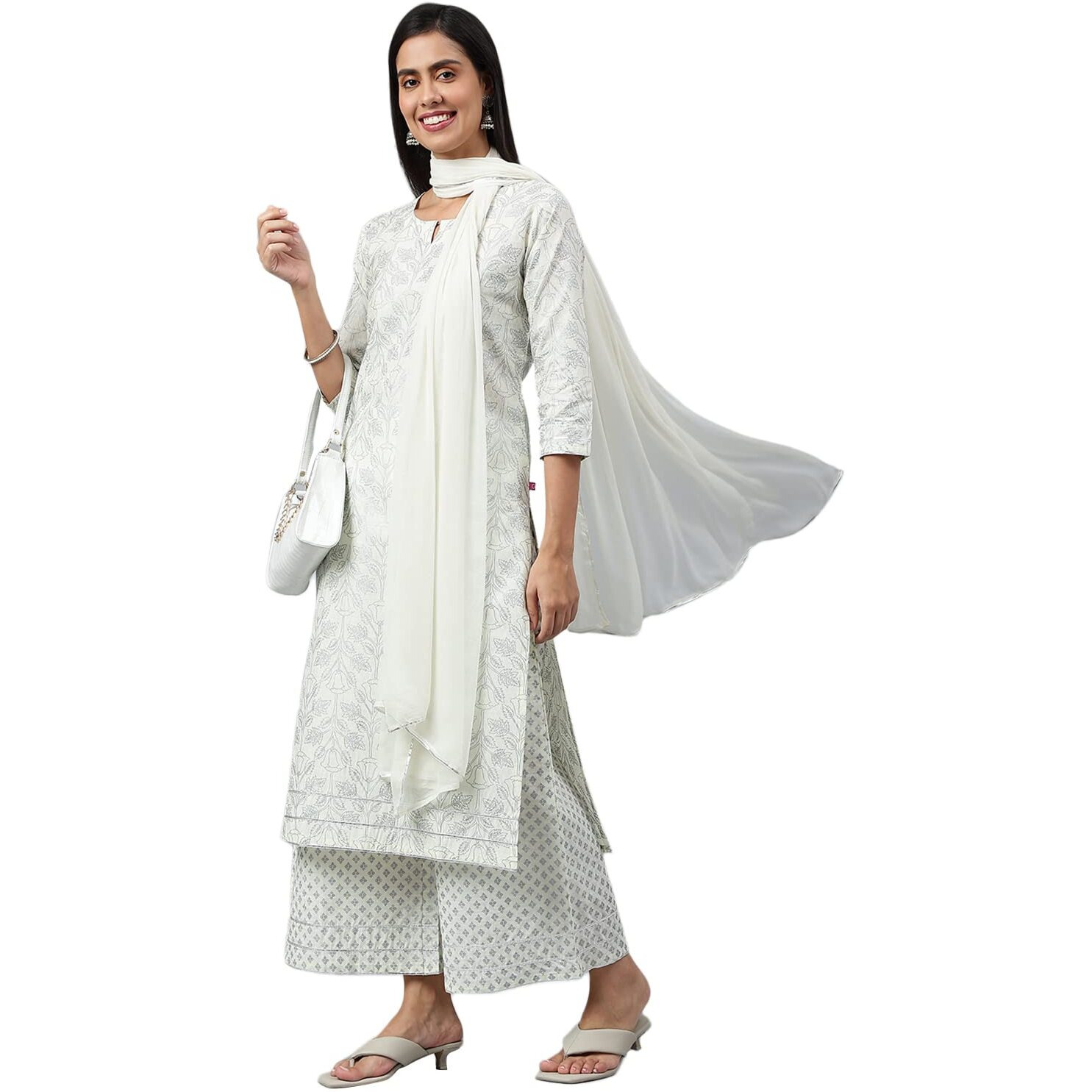 ANNI DESIGNER Women's Cotton Blend Straight Printed Kurta with Palazzo & Dupatta (Suchi Grey_XL_Grey_X-Large)