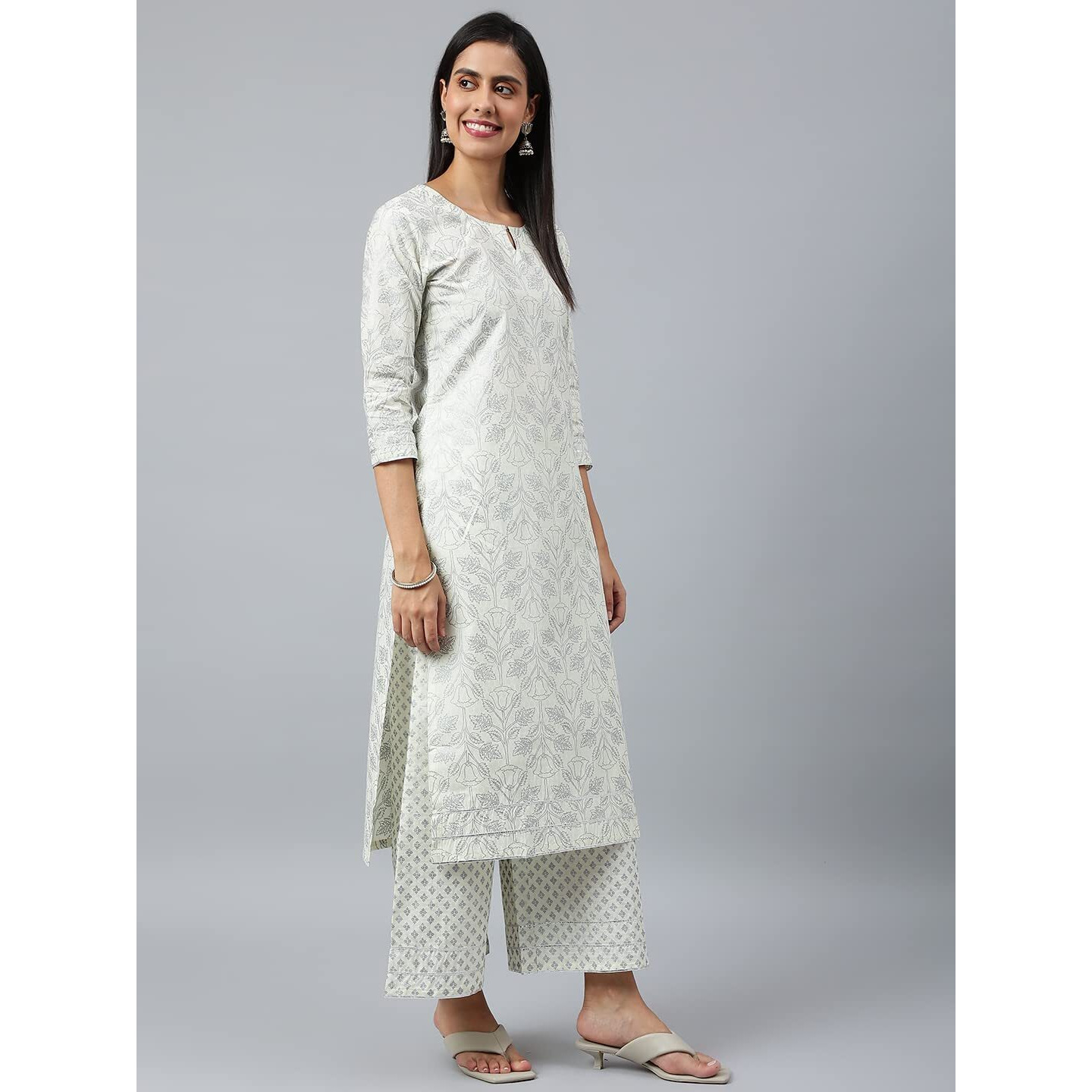ANNI DESIGNER Women's Cotton Blend Straight Printed Kurta with Palazzo & Dupatta (Suchi Grey_XL_Grey_X-Large)