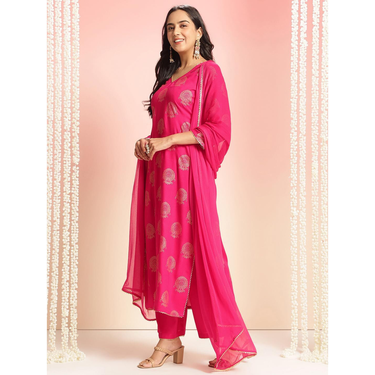 ANNI DESIGNER Women's Rayon Blend Printed Straight Kurta with Pant & Dupatta (Jubal Pink_XXL_Pink_XX-Large)