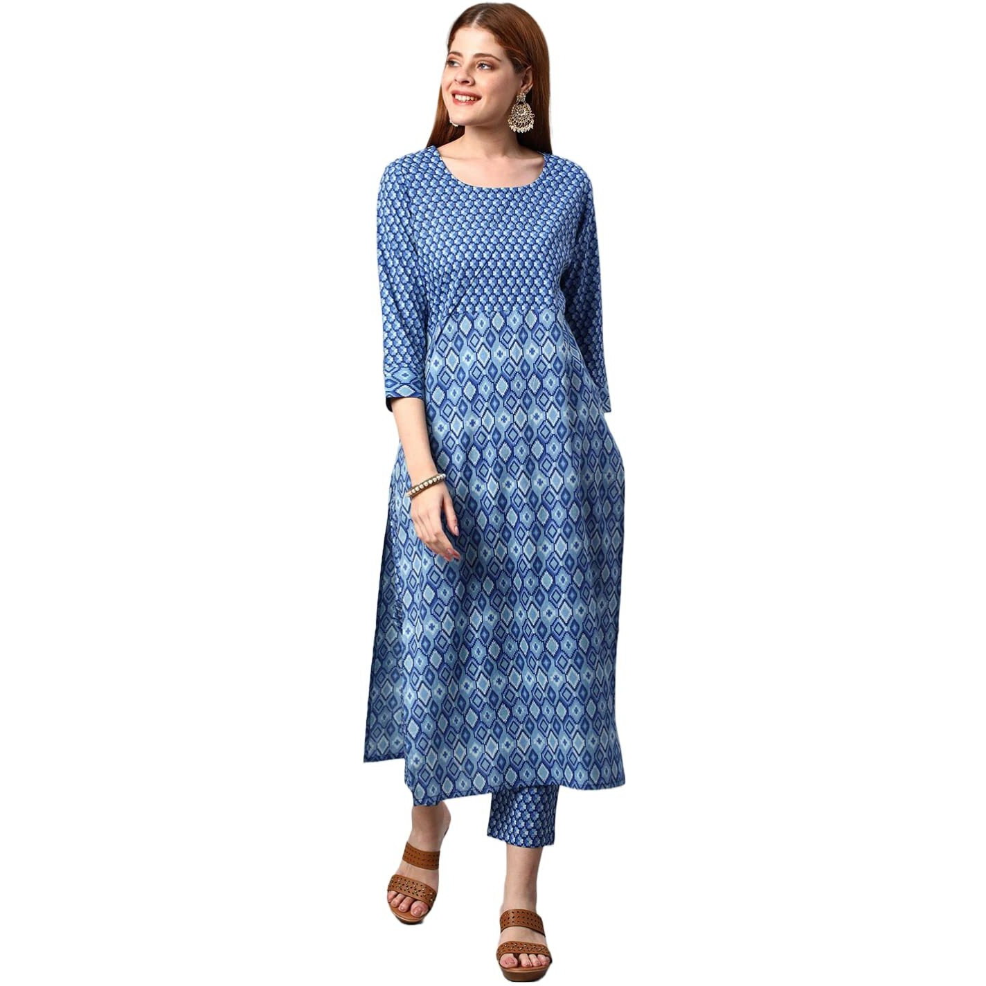 ANNI DESIGNER Women's Cotton Blend Printed Straight Kurta with Pant (Jinki-Navy Blue_M_Dark Blue_Medium)