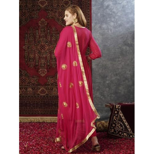 ANNI DESIGNER Women's Cotton Blend Anarkali Printed Kurta with Pant & Dupatta (SHRINIKA Pink-JL_M_Pink_Medium)