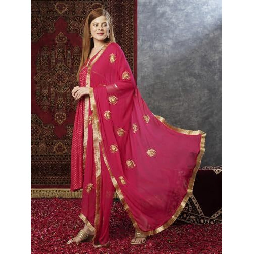 ANNI DESIGNER Women's Cotton Blend Anarkali Printed Kurta with Pant & Dupatta (SHRINIKA Pink-JL_M_Pink_Medium)