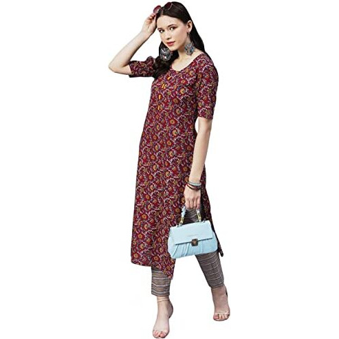 ANNI DESIGNER Women's Cotton Blend Printed Straight Kurta with Pant (SLKSW-Multi_XXL_Multi_XX-Large) Multicolour