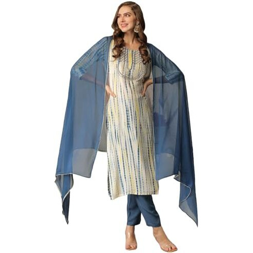 ANNI DESIGNER Women's Rayon Blend Straight Printed Kurta with Pant & Dupatta (Tiedye Light Blue-NW_L_Light Blue_Large)