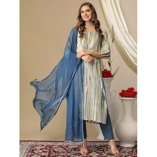 ANNI DESIGNER Women's Rayon Blend Straight Printed Kurta with Pant & Dupatta (Tiedye Light Blue-NW_L_Light Blue_Large)