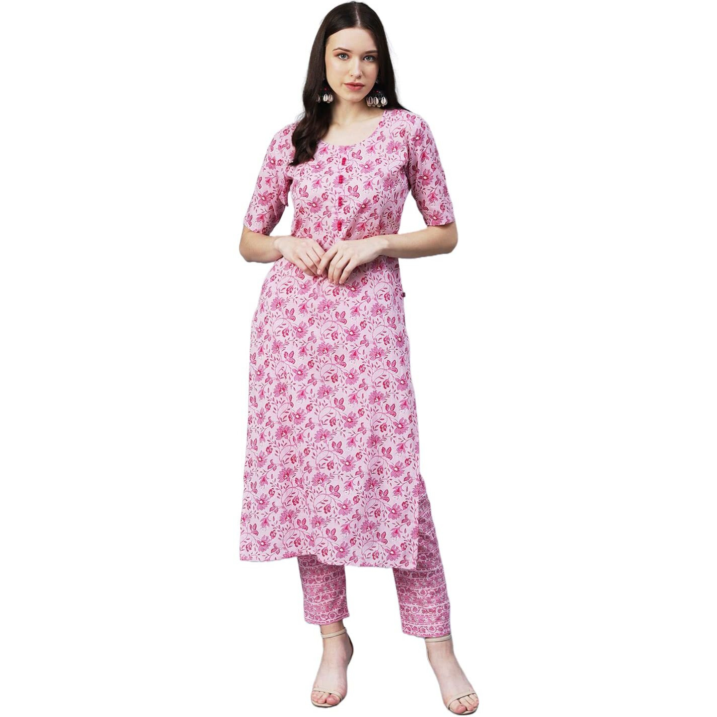ANNI DESIGNER Women's Cotton Blend Printed Straight Kurta with Pant (MBC-Baby Pink_XL_Baby Pink_X-Large)