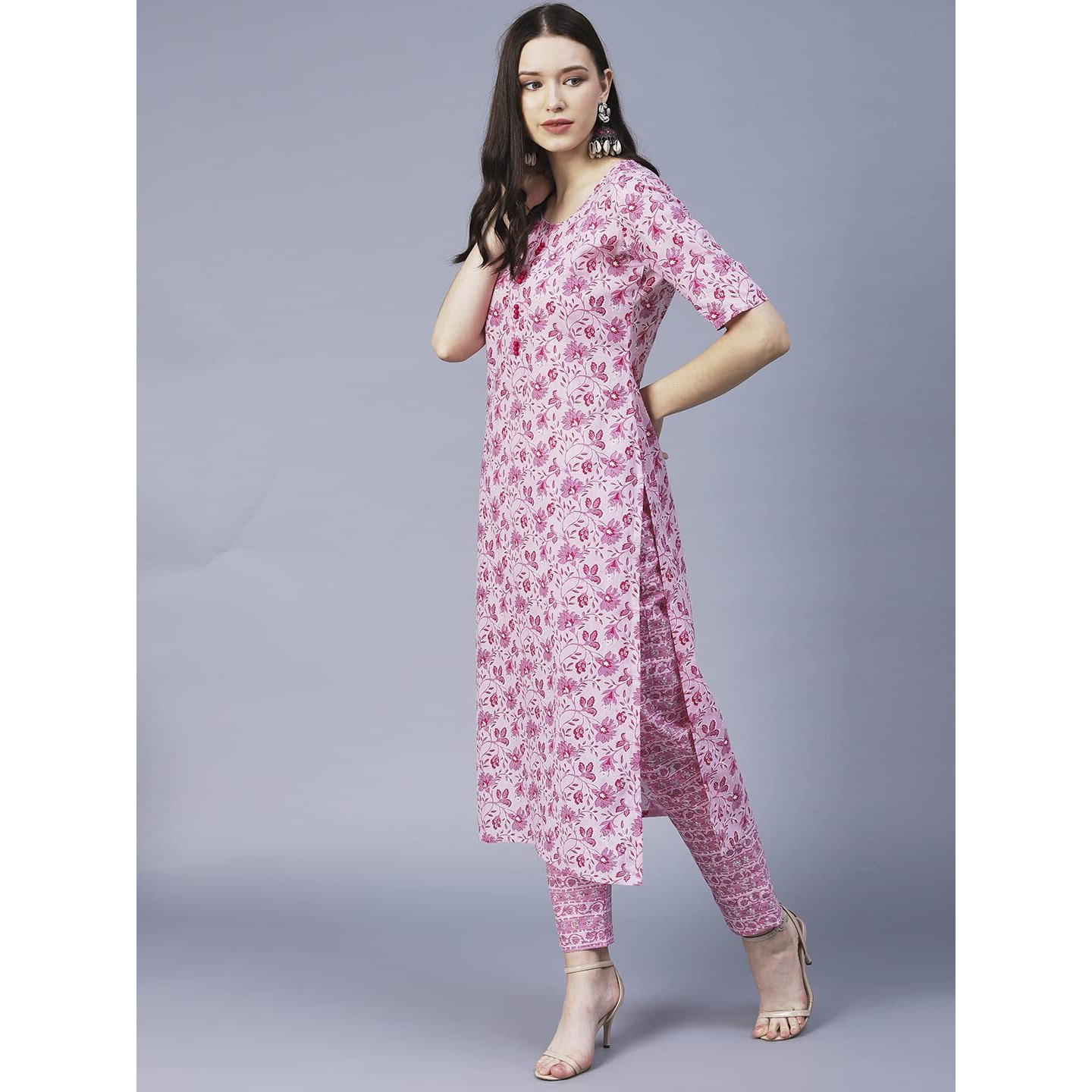 ANNI DESIGNER Women's Cotton Blend Printed Straight Kurta with Pant (MBC-Baby Pink_XL_Baby Pink_X-Large)