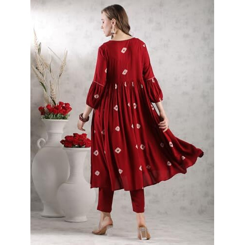 ANNI DESIGNER Women's Rayon Blend Anarkali Printed Kurta with Pant (ANVESHI MAROON-VKS03_S_Maroon_Small)